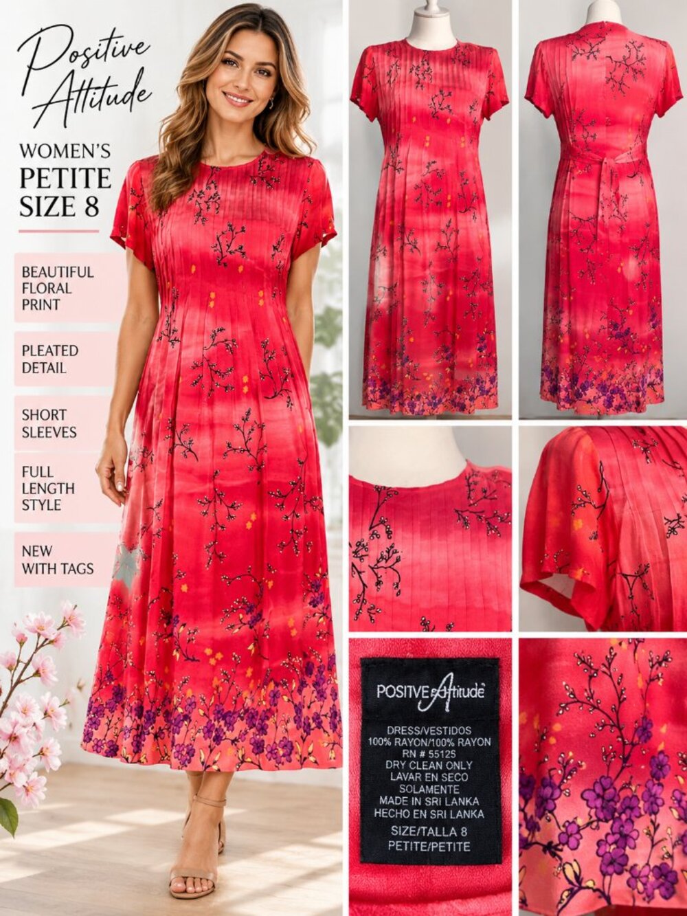 Positive Attitude Floral Maxi Dress Women’s Petite 8 Red Pink Pleated Rayon